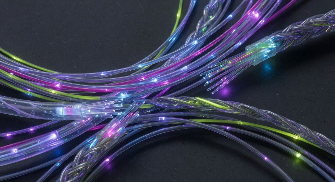 abstract macro shot of glowing fiber optic cables weaving together on a deep cha